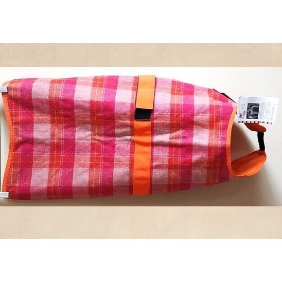 HuggleHounds Pink Orange Plaid Fleece Dog Jacket XL Wool Blend NWT Length 26" - Picture 1 of 8